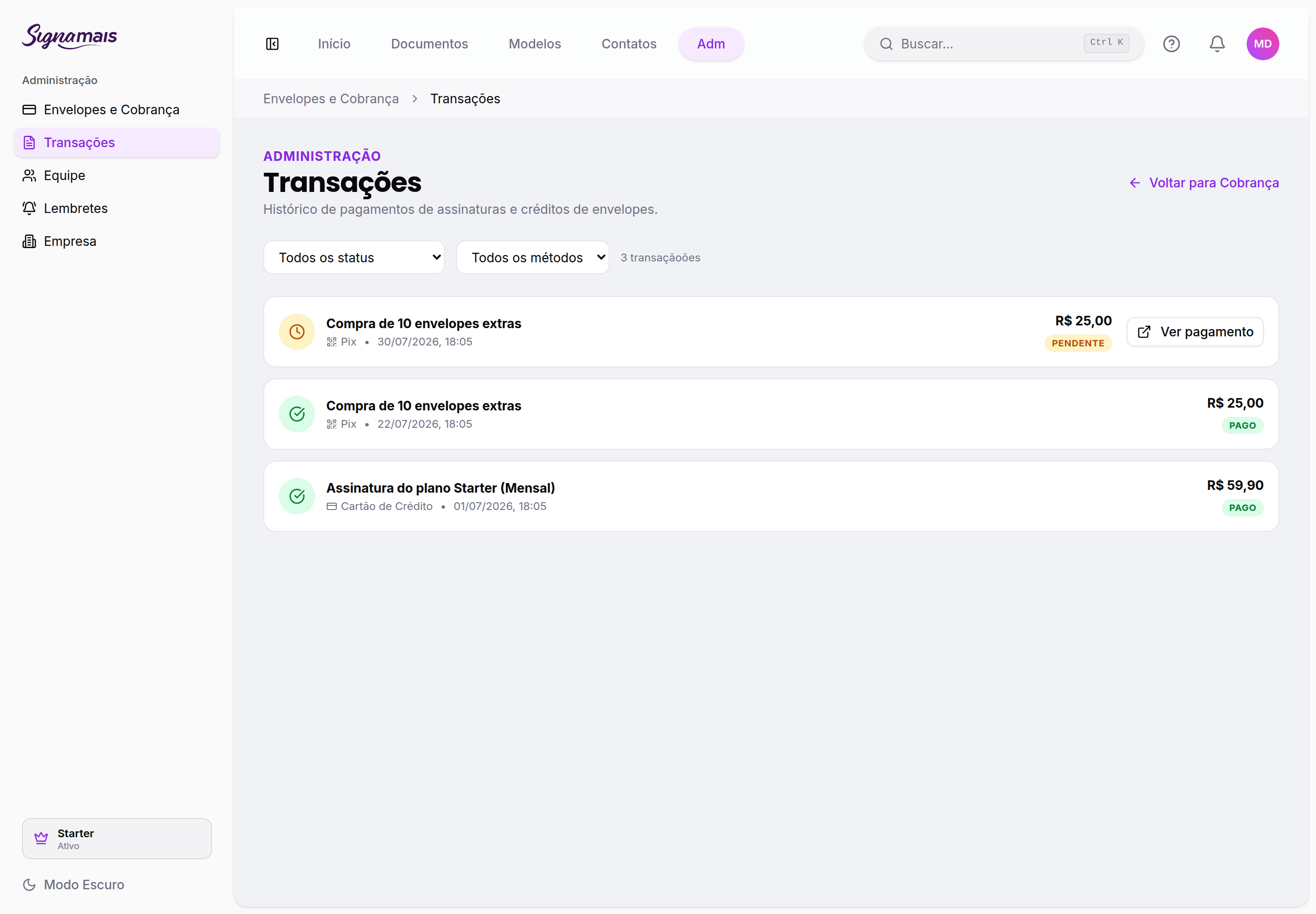 Tela de transações