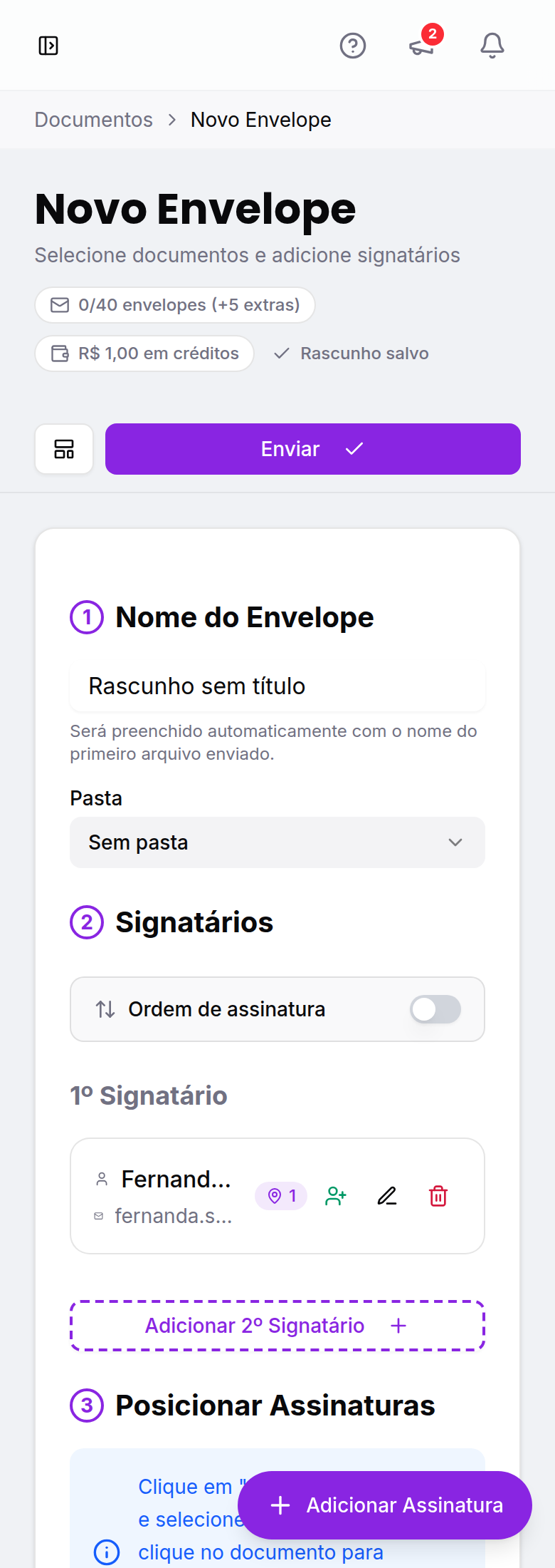 Botão Adicionar Assinatura flutuando na tela de criação no celular
