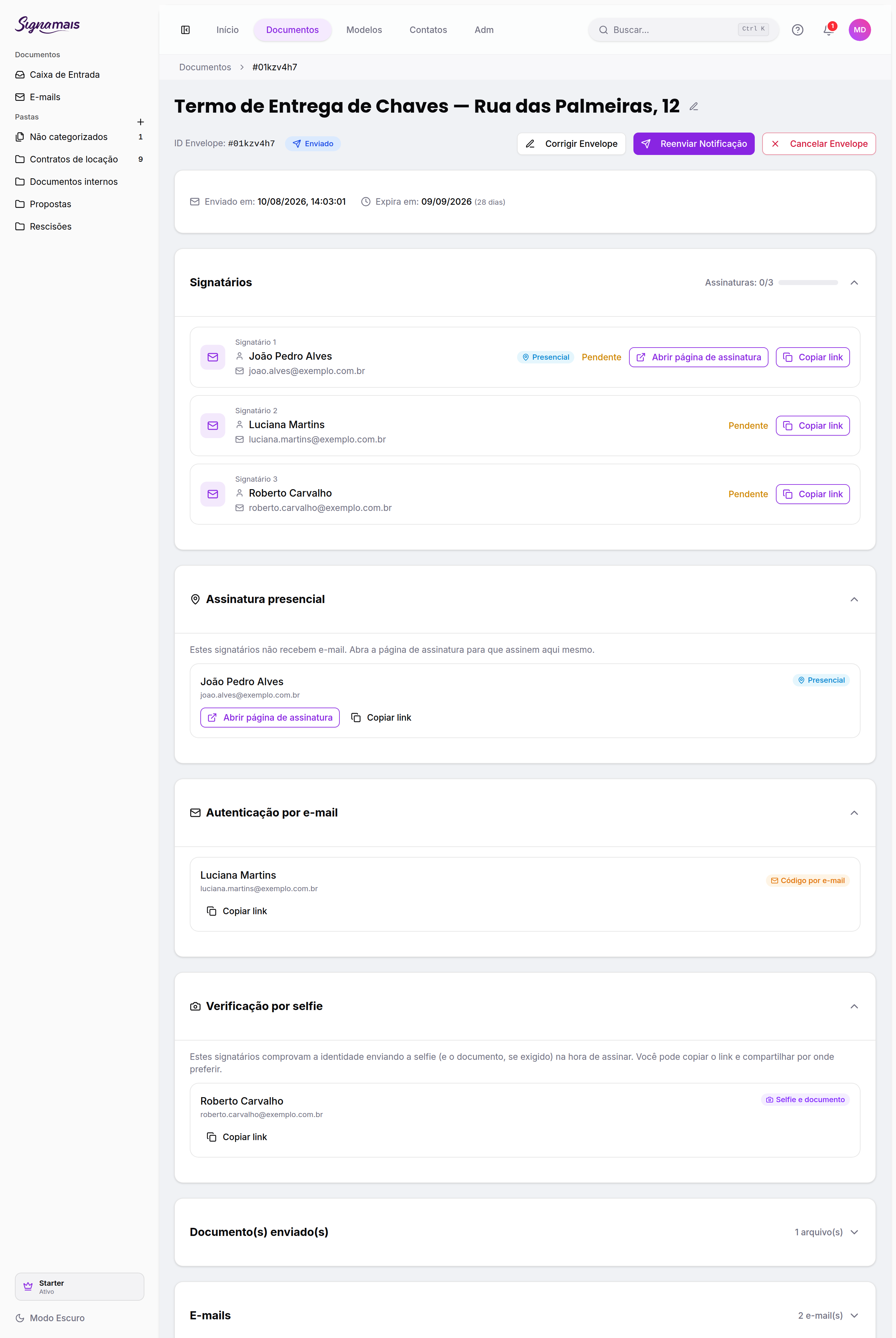 Blocos com links de assinatura na tela do envelope