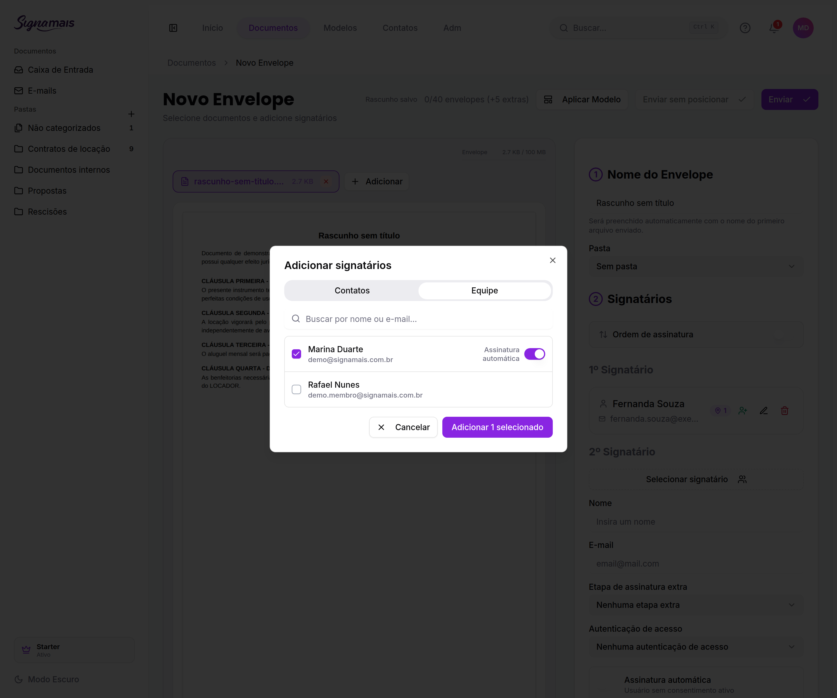 Assinatura automática ligada no seletor
